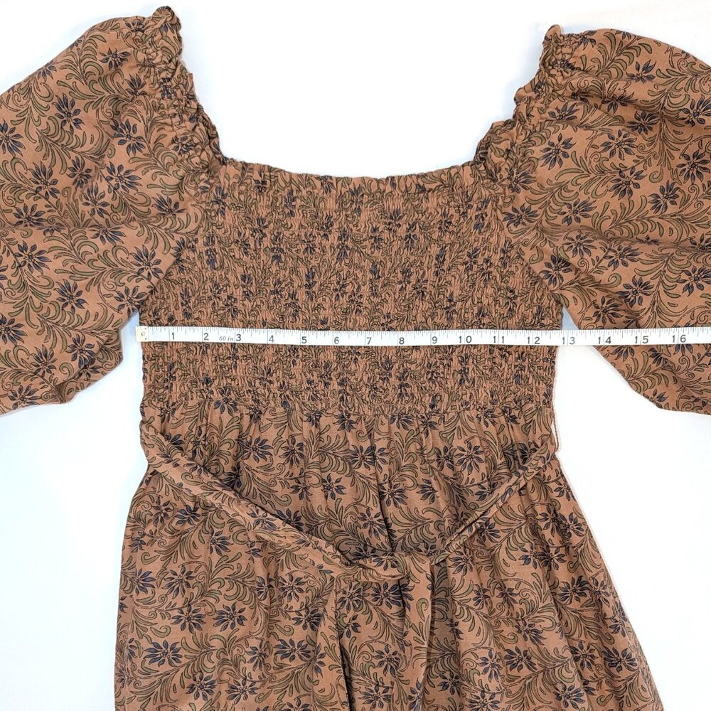 A Loves A | Golden Oat Brown Floral Puff Sleeve Boho Midi Dress | Size	Small - Picture 7 of 10